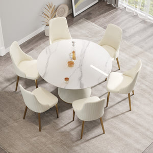 English Elm 53.15" Modern White Round Dining Table With Premium Stone Top & Pu Base, Seats 6 For Stylish Meals W1535S00264