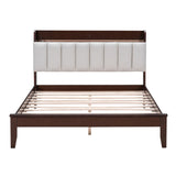 English Elm Full Size Platform Bed With Usb Charging Station and Storage Upholstered Headboard,Led Bed Frame,No Box Spring Needed,Walnut+Beige