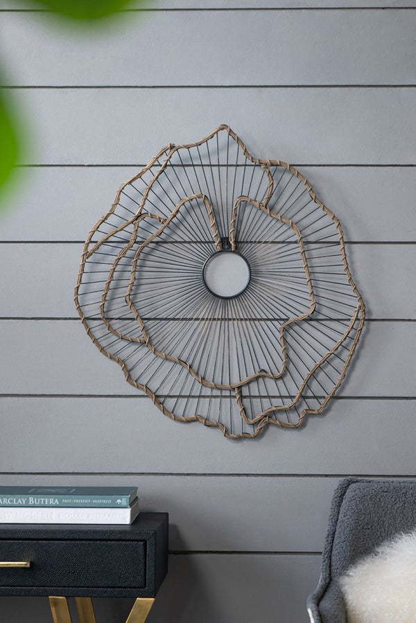 English Elm Set of 3 Golden Metal Floral Sculptures with Mirrored Centers for Entryway Walls W2078130330
