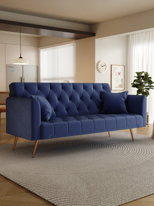 English Elm 71-inch Convertible Loveseat Sofa Bed in Blue Velvet with Gold Legs, 600LB Capacity, Compact Chic W165880950