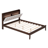 English Elm Full Size Platform Bed With Usb Charging Station and Storage Upholstered Headboard,Led Bed Frame,No Box Spring Needed,Walnut+Beige