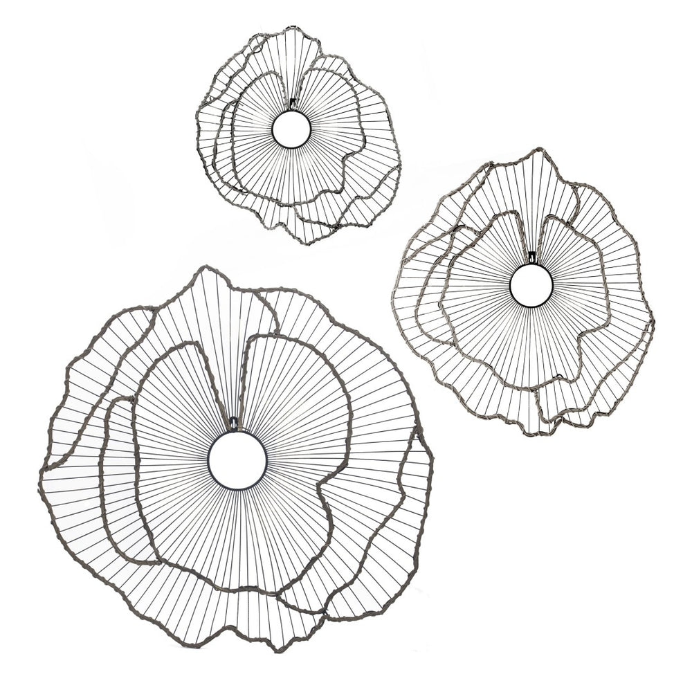 English Elm Set of 3 Golden Metal Floral Sculptures with Mirrored Centers for Entryway Walls W2078130330