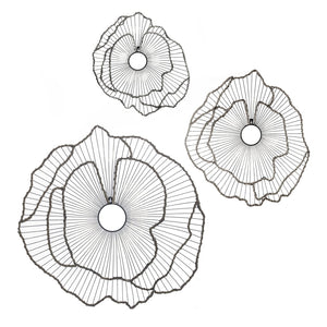 English Elm Set of 3 Golden Metal Floral Sculptures with Mirrored Centers for Entryway Walls W2078130330