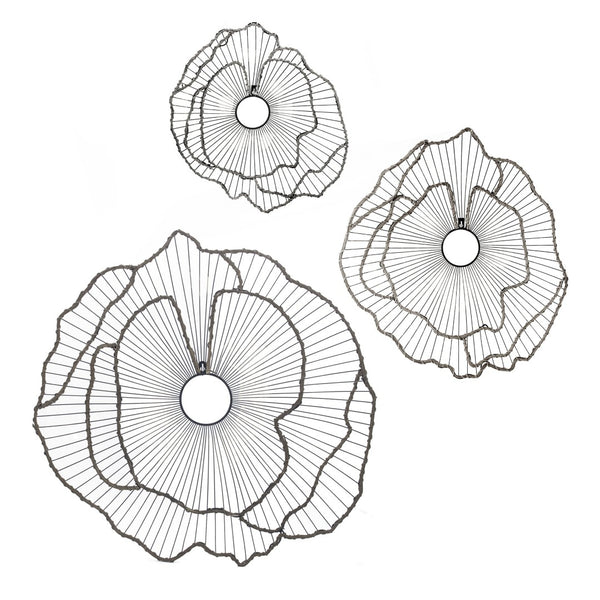 English Elm Set of 3 Golden Metal Floral Sculptures with Mirrored Centers for Entryway Walls W2078130330