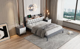 English Elm Queen Size Platform Bed With Usb Charging Station and Storage Upholstered Headboard,Led Bed Frame,No Box Spring Needed,Gray+White