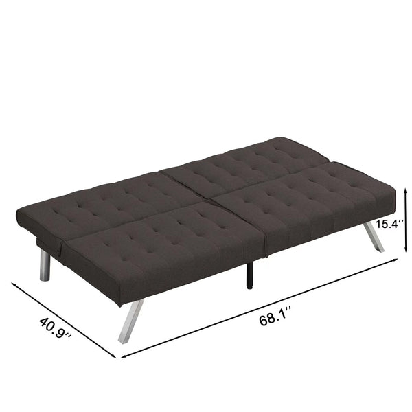 English Elm Wood Frame Futon Sofa Bed with Steel Legs Faux Linen Upholstery for Studio Living W21481810