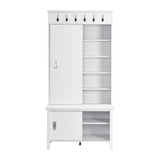 English Elm Multifunctional Hall Tree With Sliding Doors, Wooden Hallway Shoe Cabinet With Storage Bench and Shelves, Mudroom Coat Storage With Hanging Hooks For Entryways, White