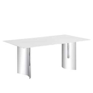 English Elm Modern minimalist dining table with imitation marble glass top and metal legs for elegant gatherings, 77" Silver,White W1151S03386