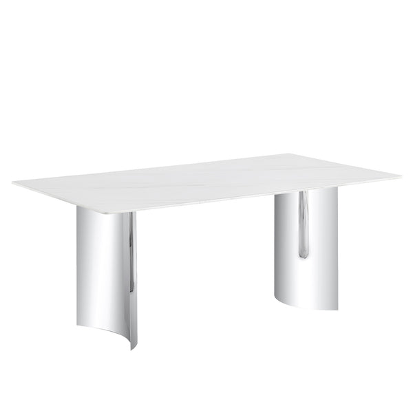 English Elm Modern minimalist dining table with imitation marble glass top and metal legs for elegant gatherings, 77" Silver,White W1151S03386