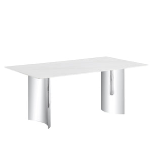 English Elm Modern Minimalist Dining Table With White Imitation Marble Top & Silver Metal Legs - Versatile Design W1151S00386