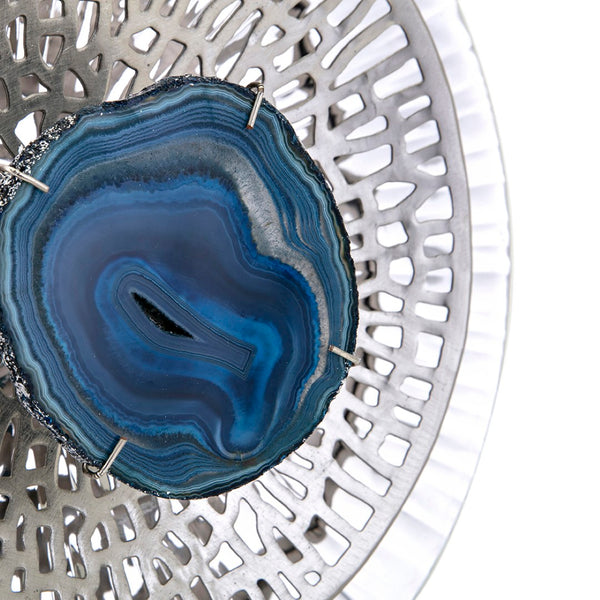 English Elm Silver Metallic Aluminum Disc Wall Art Set of 3 with Blue Agate Sculptural Accents W2078130319