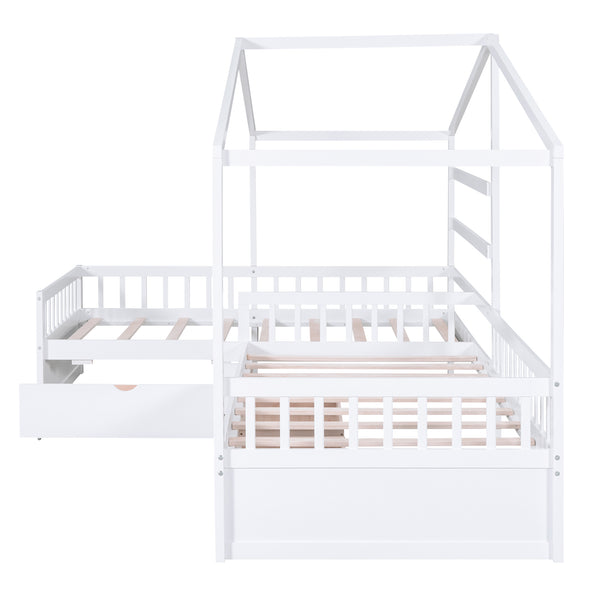 English Elm Twin House Platform Bed with Three Storage Drawers for Kids, Solid Pine & MDF, Sleek Roof Design White GX001026AAK