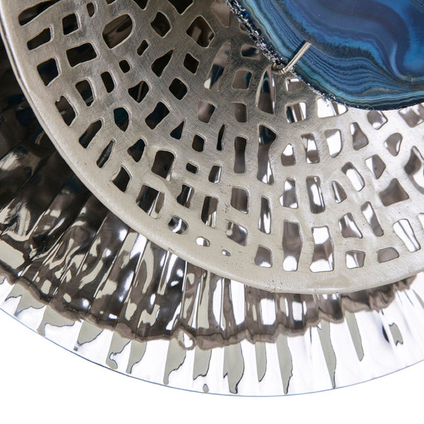 English Elm Silver Metallic Aluminum Disc Wall Art Set of 3 with Blue Agate Sculptural Accents W2078130319