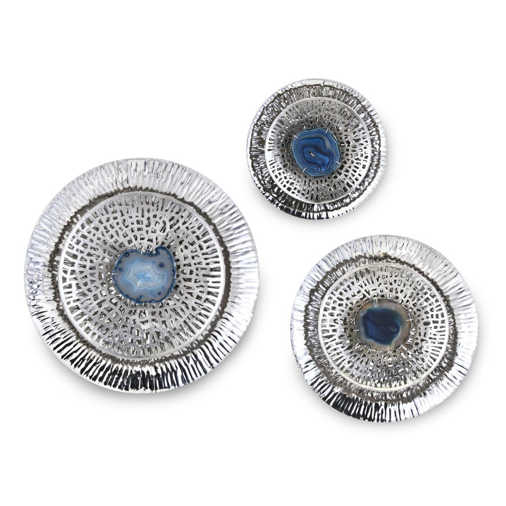 English Elm Silver Metallic Aluminum Disc Wall Art Set of 3 with Blue Agate Sculptural Accents W2078130319