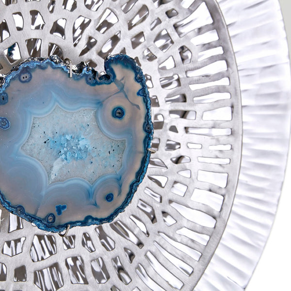 English Elm Silver Metallic Aluminum Disc Wall Art Set of 3 with Blue Agate Sculptural Accents W2078130319