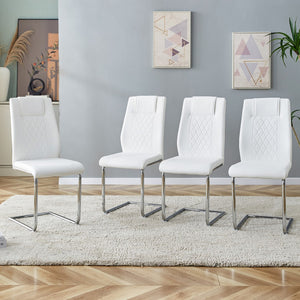 English Elm Modern Dining Chairs With Faux Leather Padded Seat Dining Living Room Chairs Upholstered Chair With Metal Legs Design For Kitchen, Living, Bedroom, Dining Room Side Chairs Set Of 4 (White+Pu )C-001