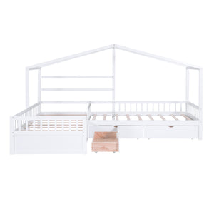 English Elm Twin House Platform Bed with Three Storage Drawers for Kids, Solid Pine & MDF, Sleek Roof Design White GX001026AAK