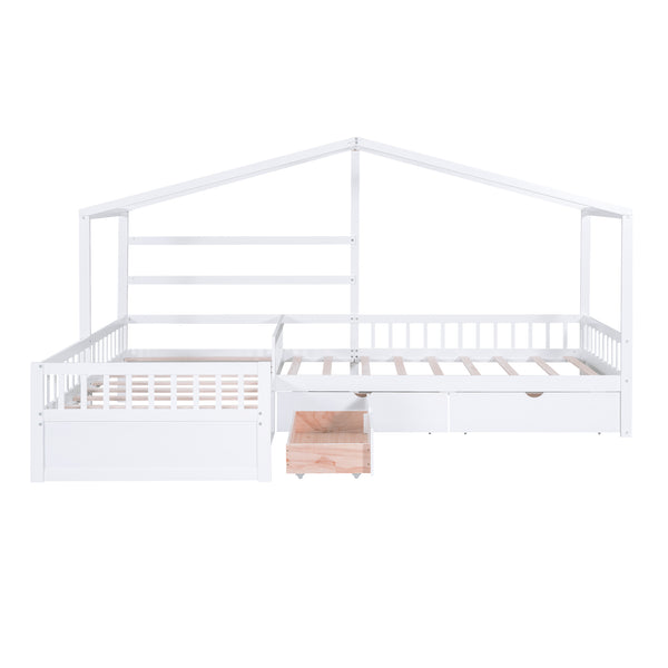 English Elm Twin House Platform Bed with Three Storage Drawers for Kids, Solid Pine & MDF, Sleek Roof Design White GX001026AAK