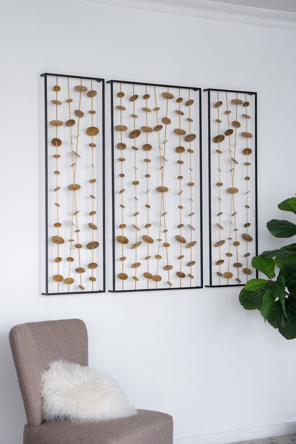 English Elm Set of 3 Iron Sculptural Wall Panels Gold Disc Cascade Art for Modern Living Spaces W2078130317