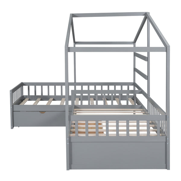 English Elm Twin House Platform Bed with Three Storage Drawers for Kids, Solid Pine & MDF, Sleek Roof Design Gray GX001026AAE