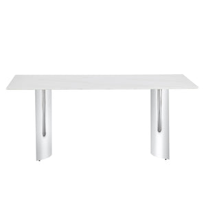 English Elm Modern minimalist dining table with imitation marble glass top and metal legs for elegant gatherings, 77" Silver,White W1151S03386