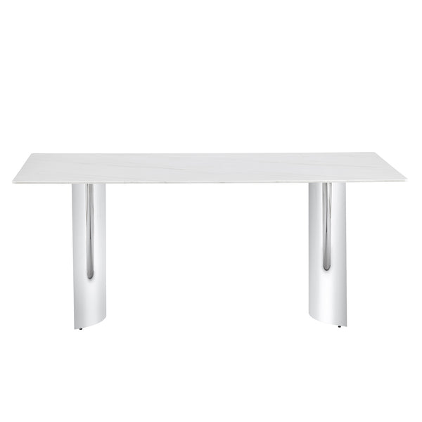 English Elm Modern minimalist dining table with imitation marble glass top and metal legs for elegant gatherings, 77" Silver,White W1151S03386