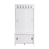 English Elm Multifunctional Hall Tree With Sliding Doors, Wooden Hallway Shoe Cabinet With Storage Bench and Shelves, Mudroom Coat Storage With Hanging Hooks For Entryways, White