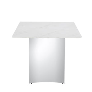 English Elm Modern minimalist dining table with imitation marble glass top and metal legs for elegant gatherings, 77" Silver,White W1151S03386