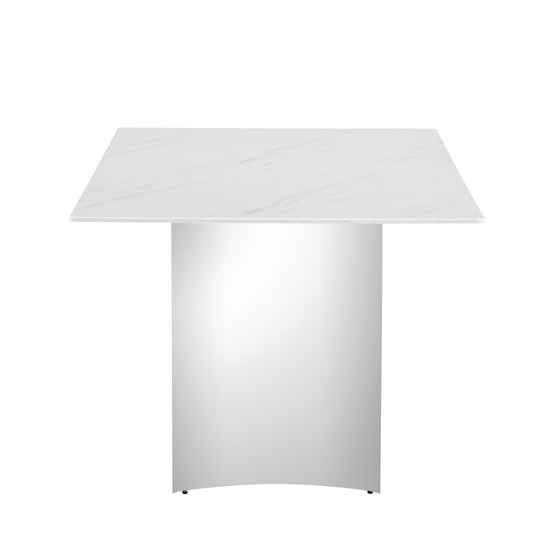 English Elm Modern minimalist dining table with imitation marble glass top and metal legs for elegant gatherings, 77" Silver,White W1151S03386