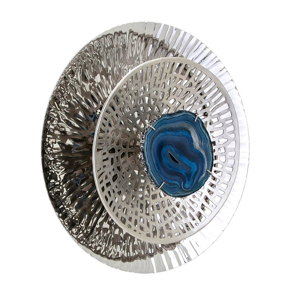 English Elm Silver Metallic Aluminum Disc Wall Art Set of 3 with Blue Agate Sculptural Accents W2078130319