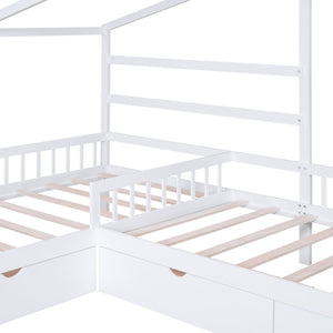 English Elm Twin House Platform Bed with Three Storage Drawers for Kids, Solid Pine & MDF, Sleek Roof Design White GX001026AAK