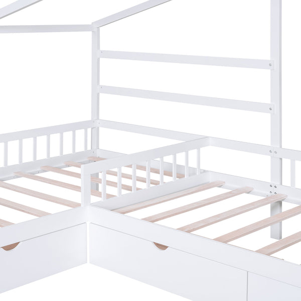 English Elm Twin House Platform Bed with Three Storage Drawers for Kids, Solid Pine & MDF, Sleek Roof Design White GX001026AAK