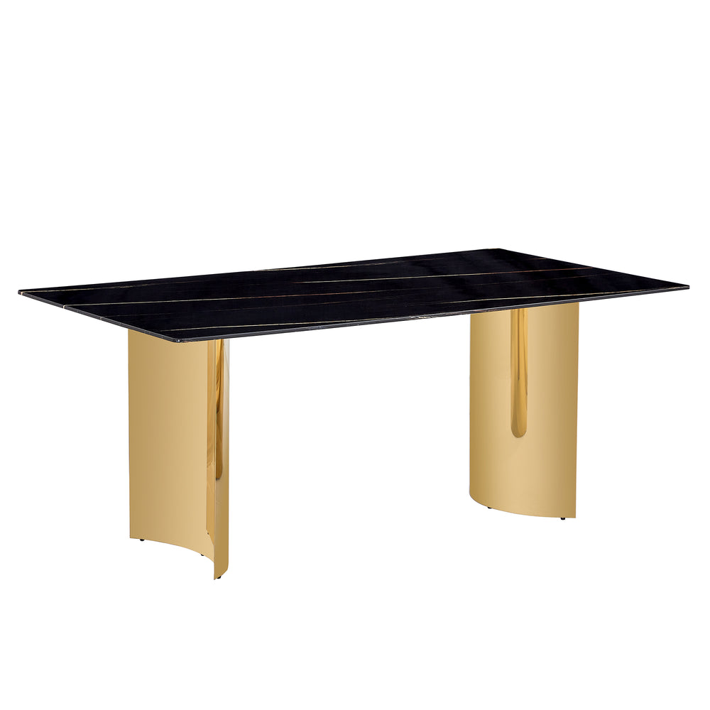 English Elm Modern Minimalist Dining Table With Black Glass Top & Gold Metal Legs - Versatile For Any Space W1151S04321