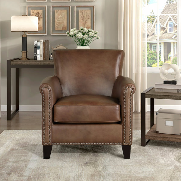 English Elm Classic Transitional Braintree Accent Chair Brown Top-Grain Leather Split-Grain Match Nailhead Trim Seating 31.5x35x34" B011130718