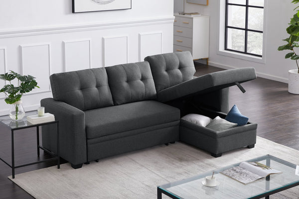 English Elm Upholstered Convertible Pull-Out Sectional Sofa with Chaise and Removable Cushions for Guests Dark Gray B102S00001