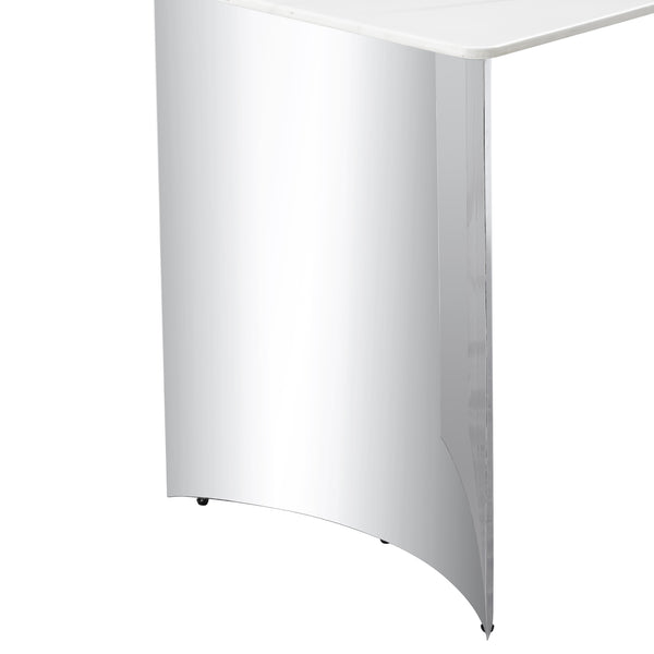 English Elm Modern minimalist dining table with imitation marble glass top and metal legs for elegant gatherings, 77" Silver,White W1151S03386