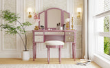 Hearth and Haven Raleigh Makeup Vanity Set with Dressing Table, Tri Fold Mirrored Drawers and Stool, Rose Gold