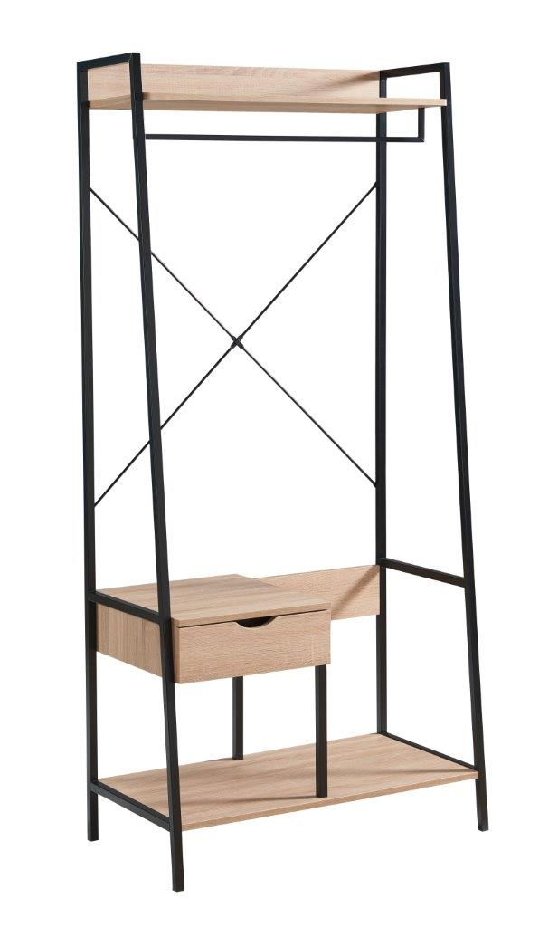 English Elm Metal Clothes Rack Slim Open Wardrobe with Drawer and Heavy-Duty Rod for Small Spaces and Entryways Antique White B107P147854