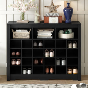 English Elm On-trend Rustic Brown Shoe Cubby Console Holds 24 Pairs with Curved Base Sideboard Black WF309308AAB