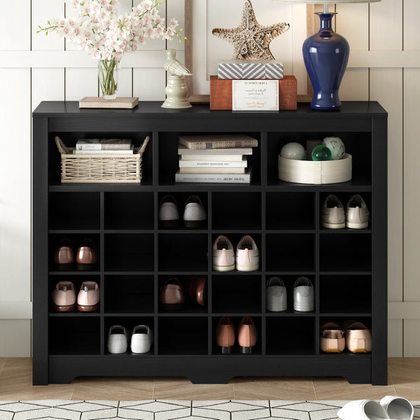 English Elm On-trend Rustic Brown Shoe Cubby Console Holds 24 Pairs with Curved Base Sideboard Black WF309308AAB