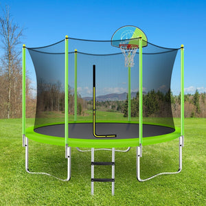 English Elm 10ft Round Kids Outdoor Trampoline with Enclosure Net Ladder and Basketball Hoop MS310683AAF