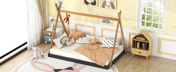 English Elm Full Full Size Tent Floor Bed with Triangle Frame, White & Natural Wood, Low-Profile Kids Play Sleep Loft WF307379AAB