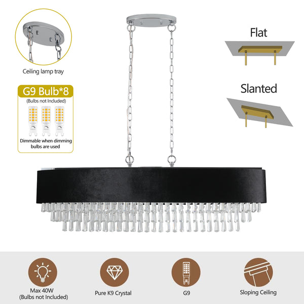 English Elm 39" Modern Crystal Chandelier with Velvet Anti-Glare Shade, Adjustable Height, 8-Light G9 Base, Elegant Ambient Lighting Black,Chrome,Transparent W1340120179