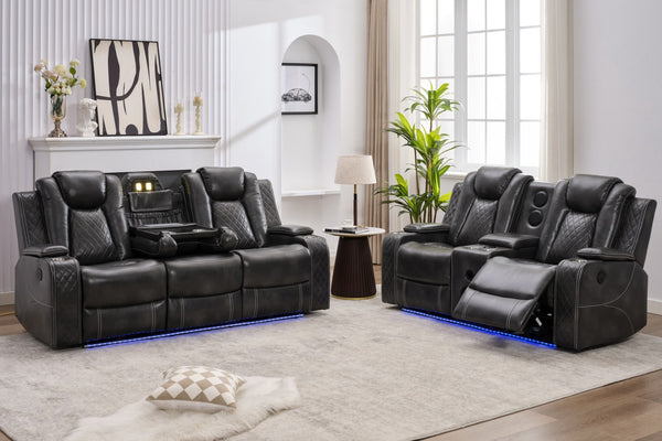 English Elm Mspm070 Grey Faux Leather Power Reclining Sofa Set with Led Lighting and Usb Ports W1805S00151