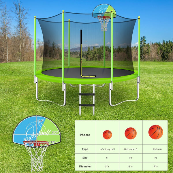 English Elm 10ft Round Kids Outdoor Trampoline with Enclosure Net Ladder and Basketball Hoop MS310683AAF
