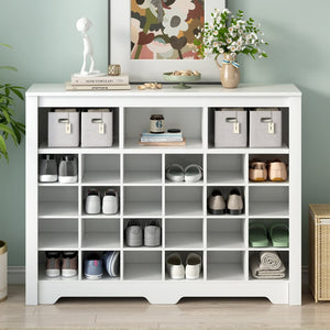 English Elm On-trend Rustic Brown Shoe Cubby Console Holds 24 Pairs with Curved Base Sideboard White WF309308AAK