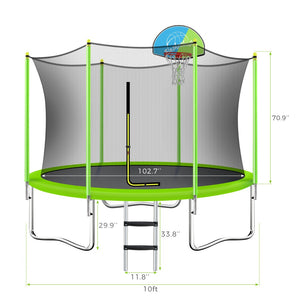 English Elm 10ft Round Kids Outdoor Trampoline with Enclosure Net Ladder and Basketball Hoop MS310683AAF