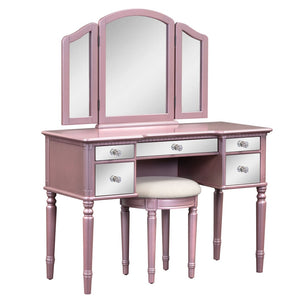 Hearth and Haven Raleigh Makeup Vanity Set with Dressing Table, Tri Fold Mirrored Drawers and Stool, Rose Gold