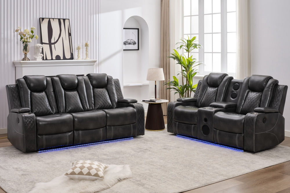 English Elm M070 Power Reclining Sofa with Led Lighting Usb Charging and Faux Leather Seating Grey W1805S00135