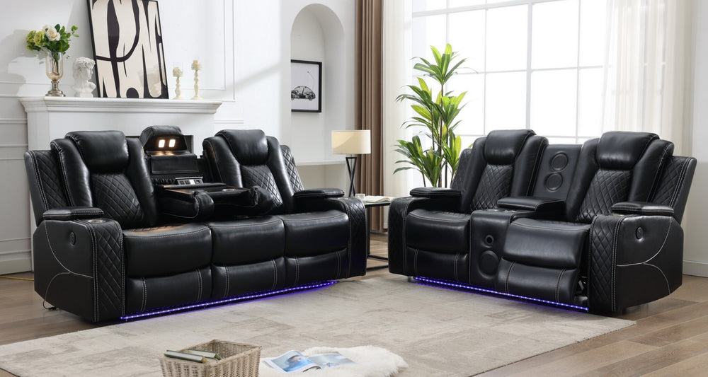 English Elm M070 Power Reclining Sofa with Led Lighting Usb Charging and Faux Leather Seating Black W1805S00155
